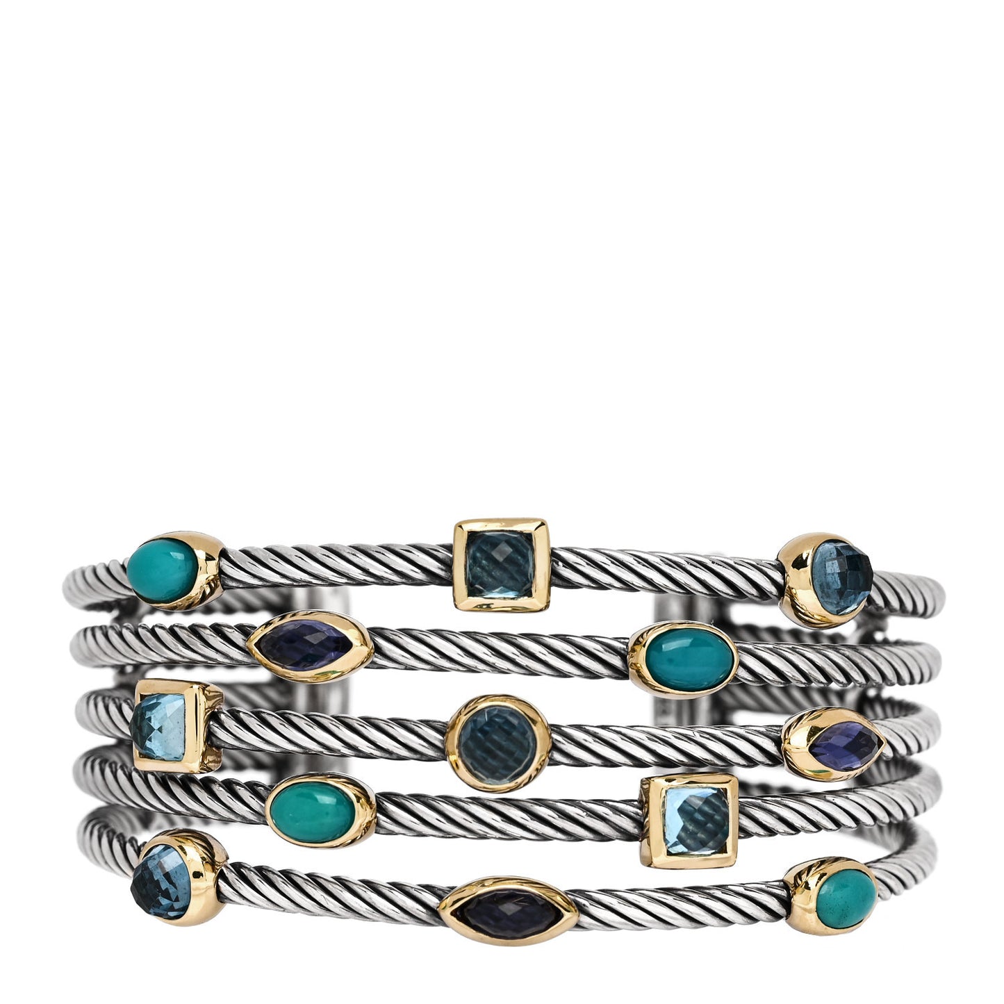 Sterling Silver 18K Yellow Gold Blue Topaz Turquoise Iolite Confetti 5 Row Bracelet