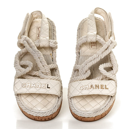 Chanel Cord Lambskin Quilted Logo Sandals 38 White 5 of 10