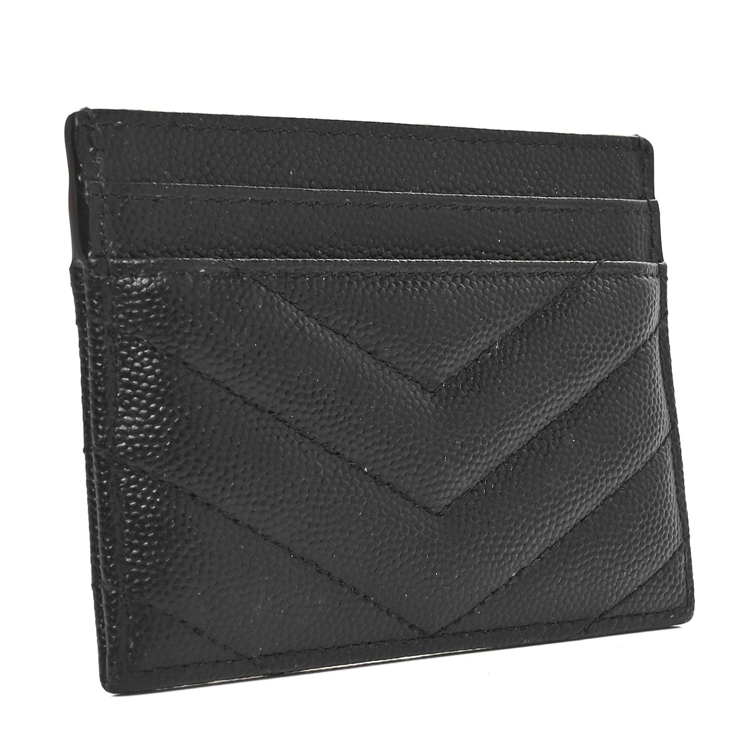 Saint Laurent Grain De Poudre Matelasse Chevron Monochrome Monogram Credit Card Case Black 3 of 8