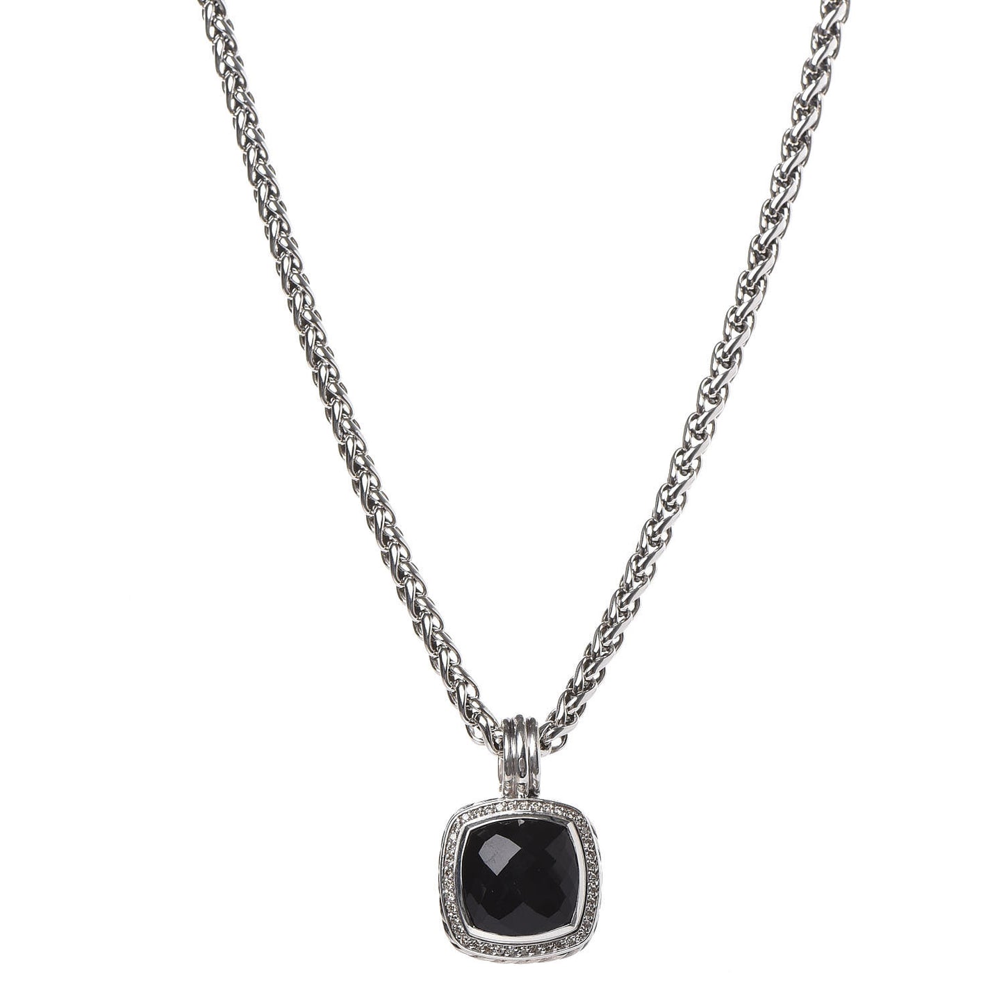 Sterling Silver Diamond Black Onyx 14mm Albion Enhancer Pendant Wheat Chain Necklace