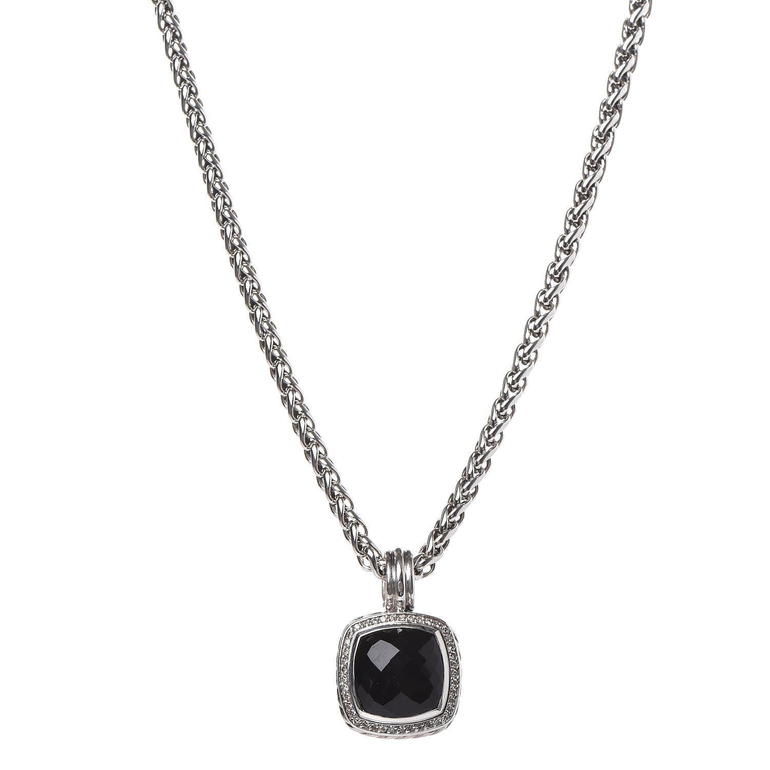 David Yurman Sterling Silver Diamond Black Onyx 14mm Albion Enhancer Pendant Wheat Chain Necklace 1 of 6