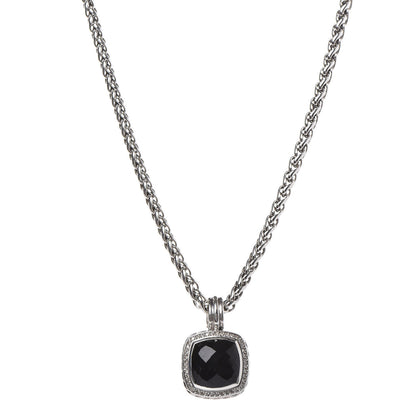 David Yurman Sterling Silver Diamond Black Onyx 14mm Albion Enhancer Pendant Wheat Chain Necklace 1 of 6