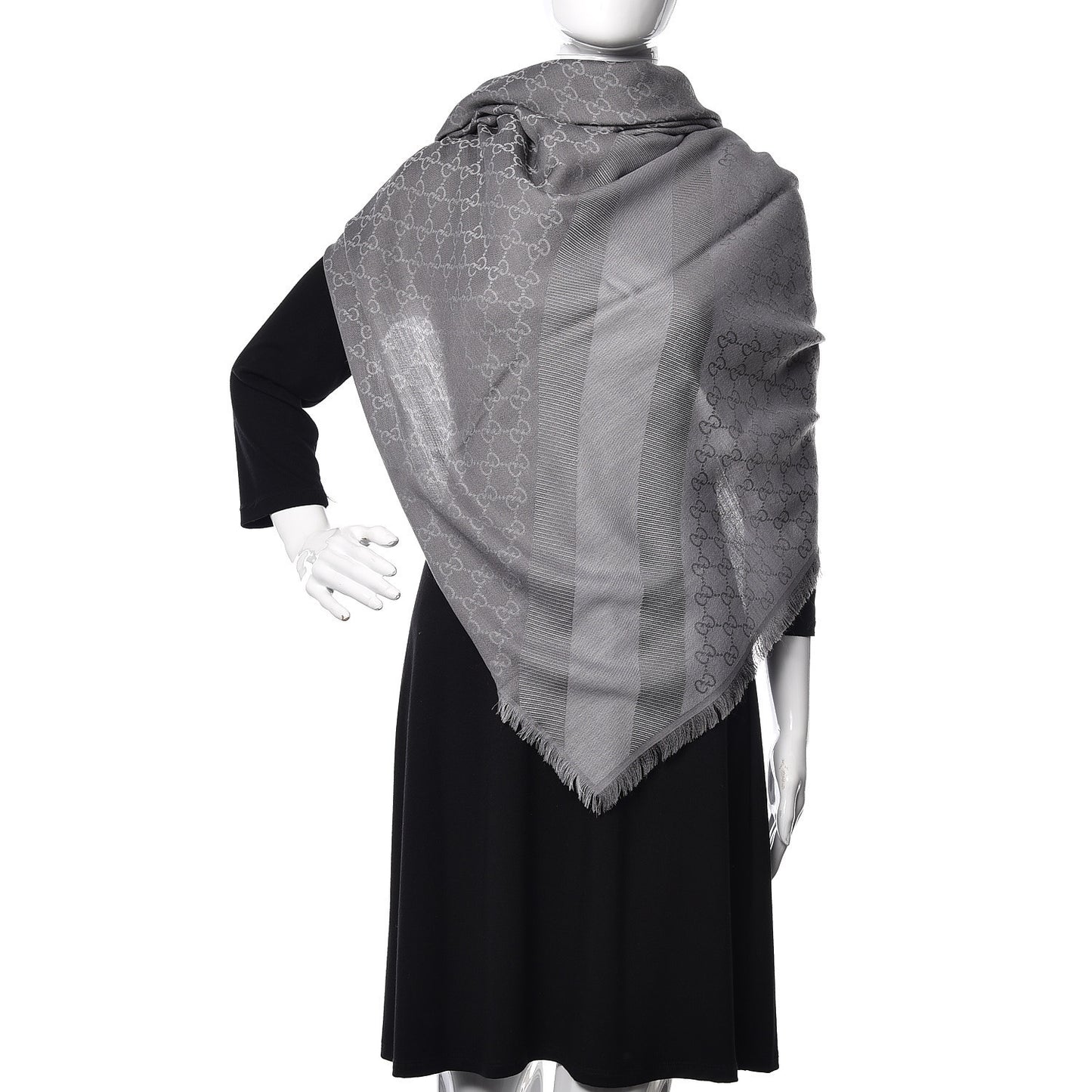Wool Silk Monogram GGWeb Fringe Shawl Pearl Medium Grey