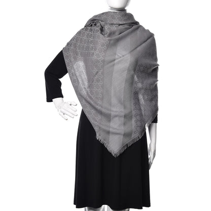 Gucci Wool Silk Monogram GGWeb Fringe Shawl Pearl Medium Grey 2 of 4