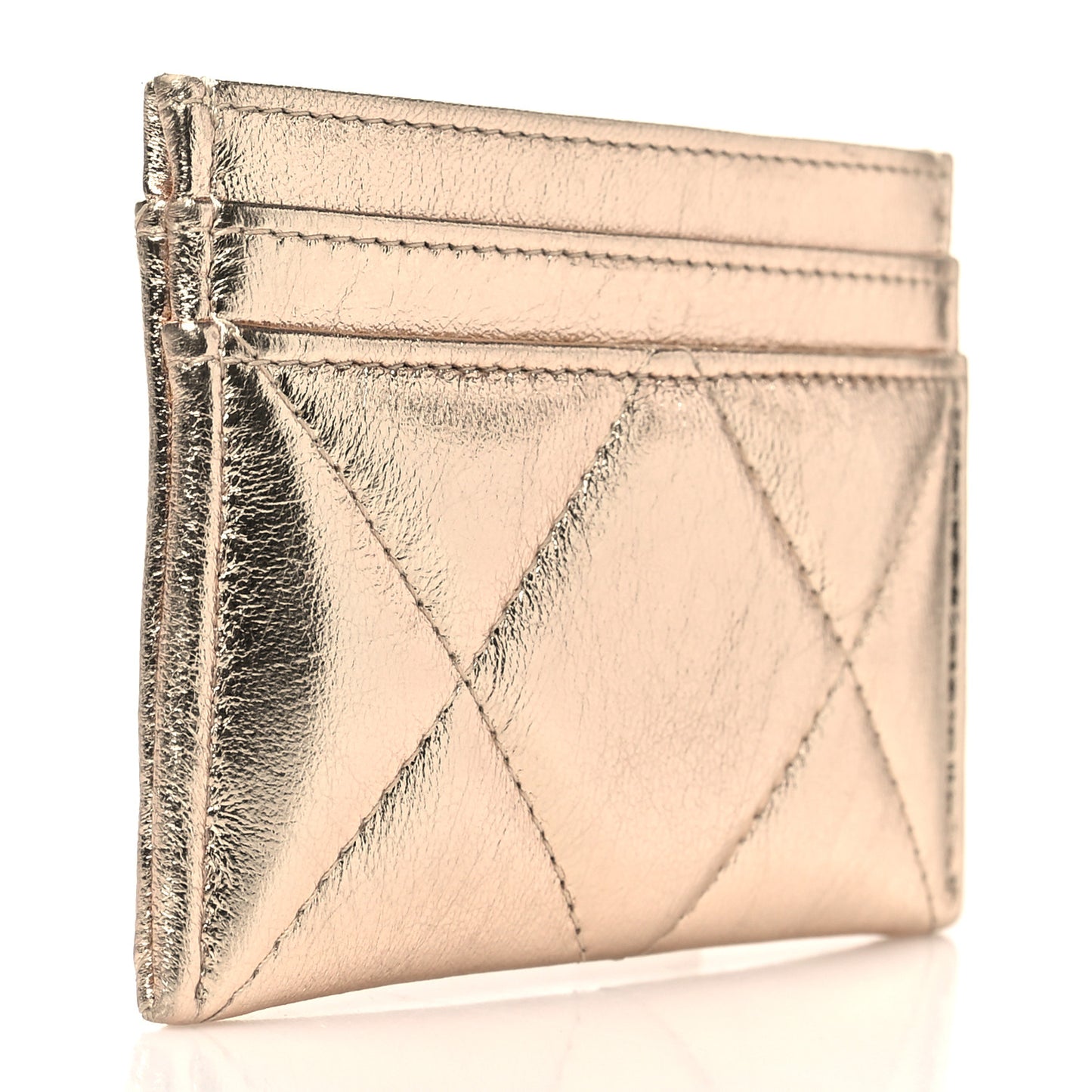Metallic Lambskin Quilted Chanel 19 Card Holder Gold