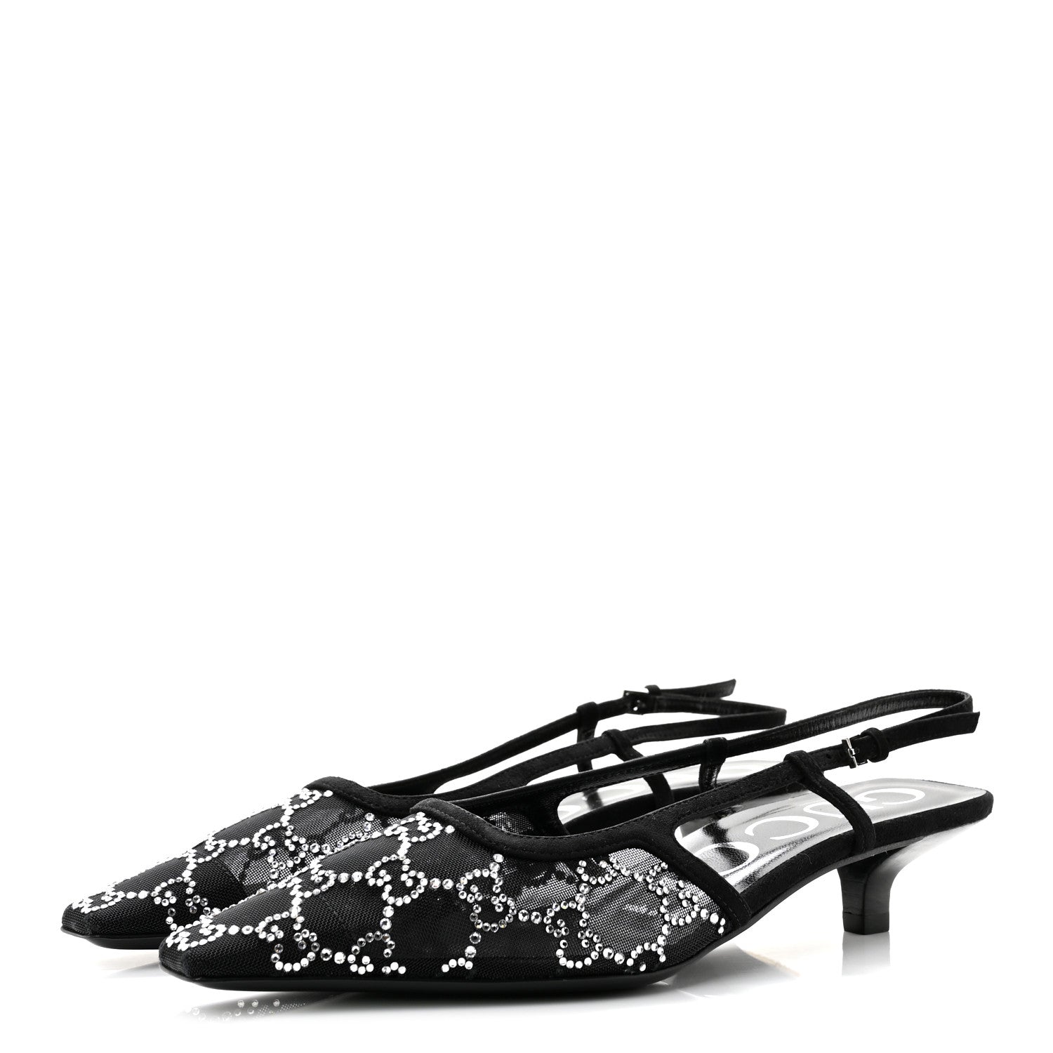 Gucci Tela Retino Kid Scamosciato Crystal GG Monogram Square G 35mm Slingback Pumps 36.5 Black 4 of 8