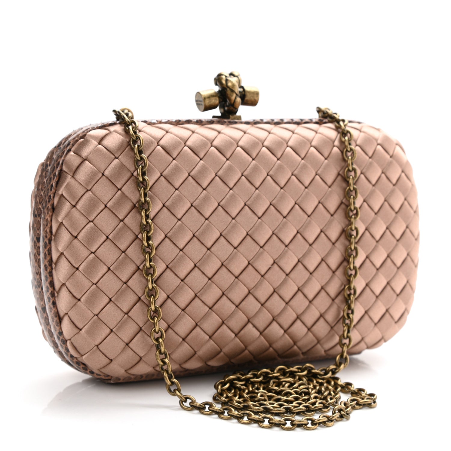Bottega Veneta Satin Ayers Intrecciato Chain Knot Clutch Camel 2 of 8