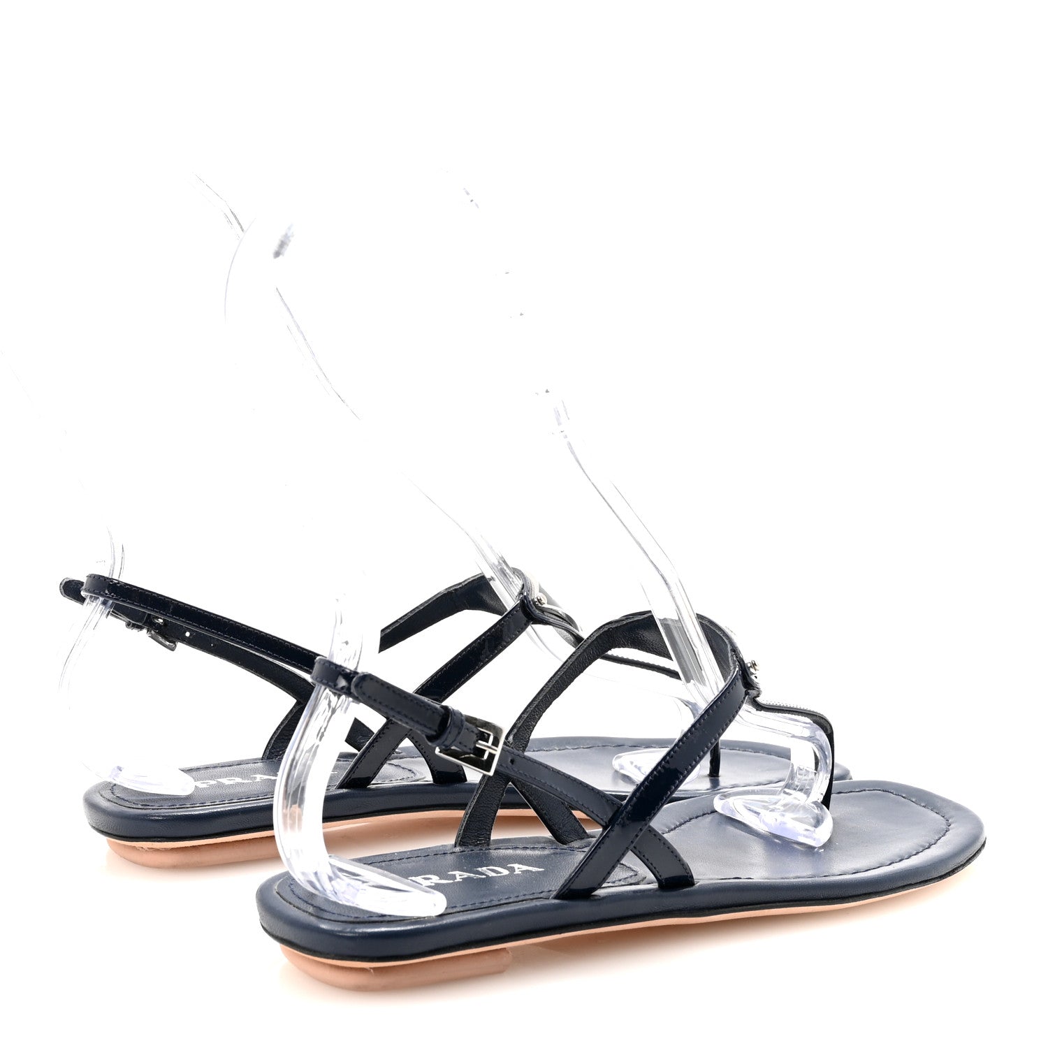 Prada Vernice Metal Triangle Logo Slingback Flat Thong Sandals 38 Navy 5 of 8