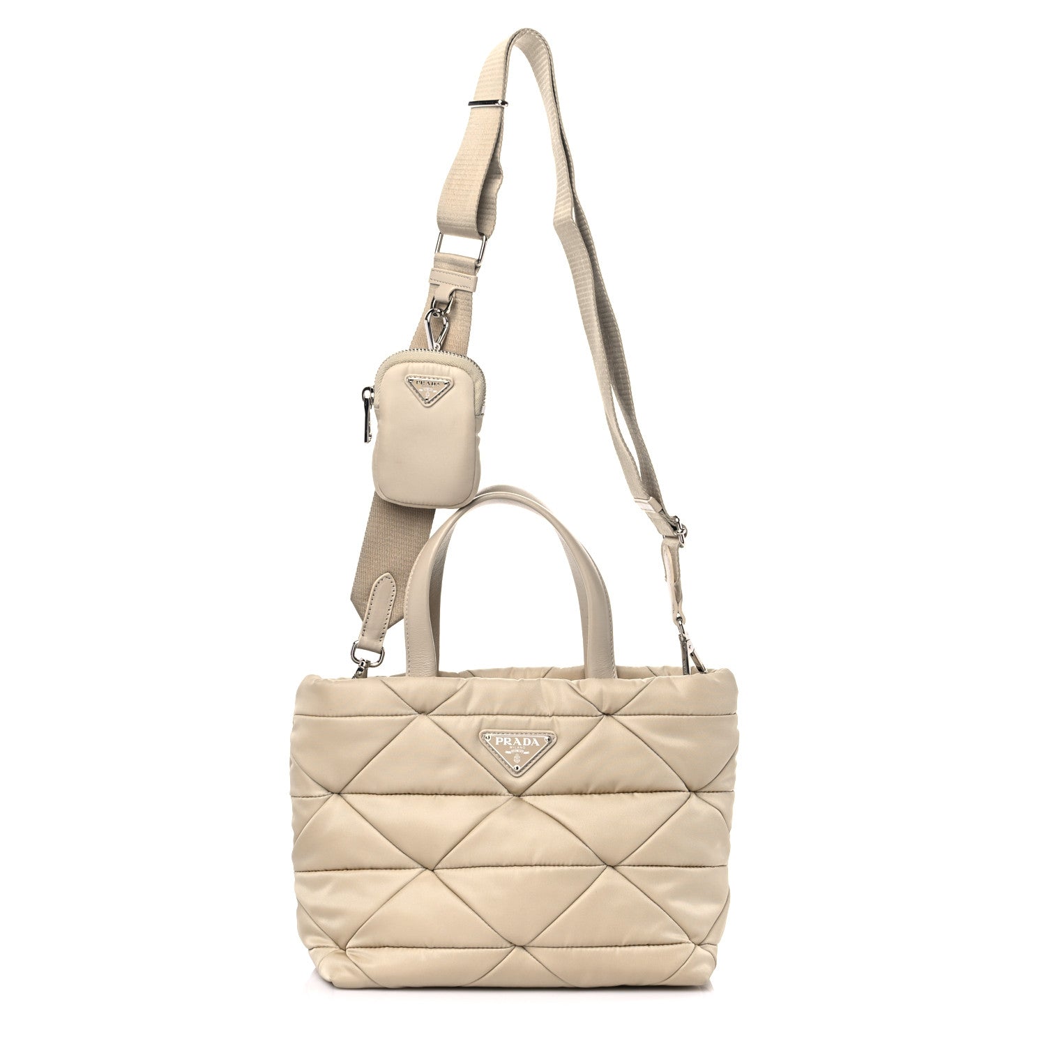 Prada Re-Nylon Nappa Triangle Quilted Padded Double Handled Zip Pocket Tote Deserto 1 of 9