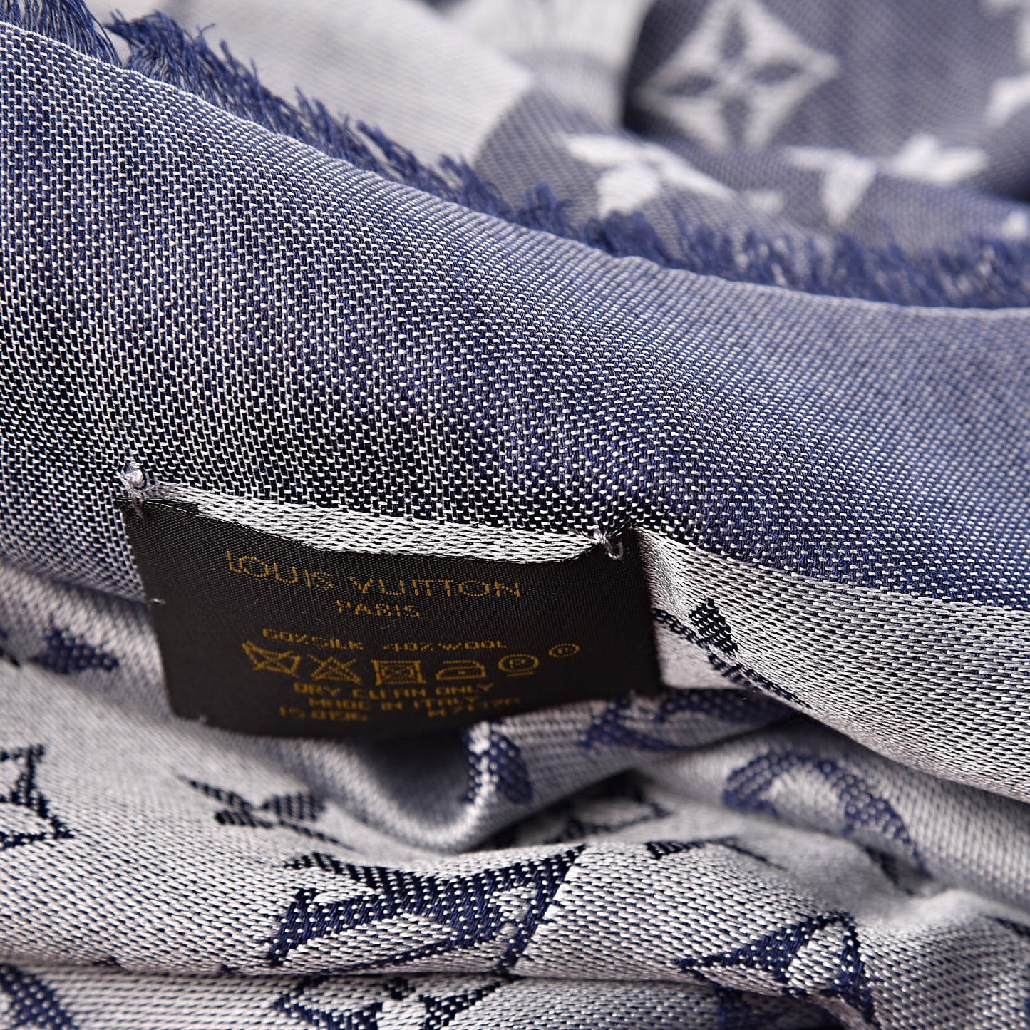 Wool Silk Monogram Denim Shawl Blue