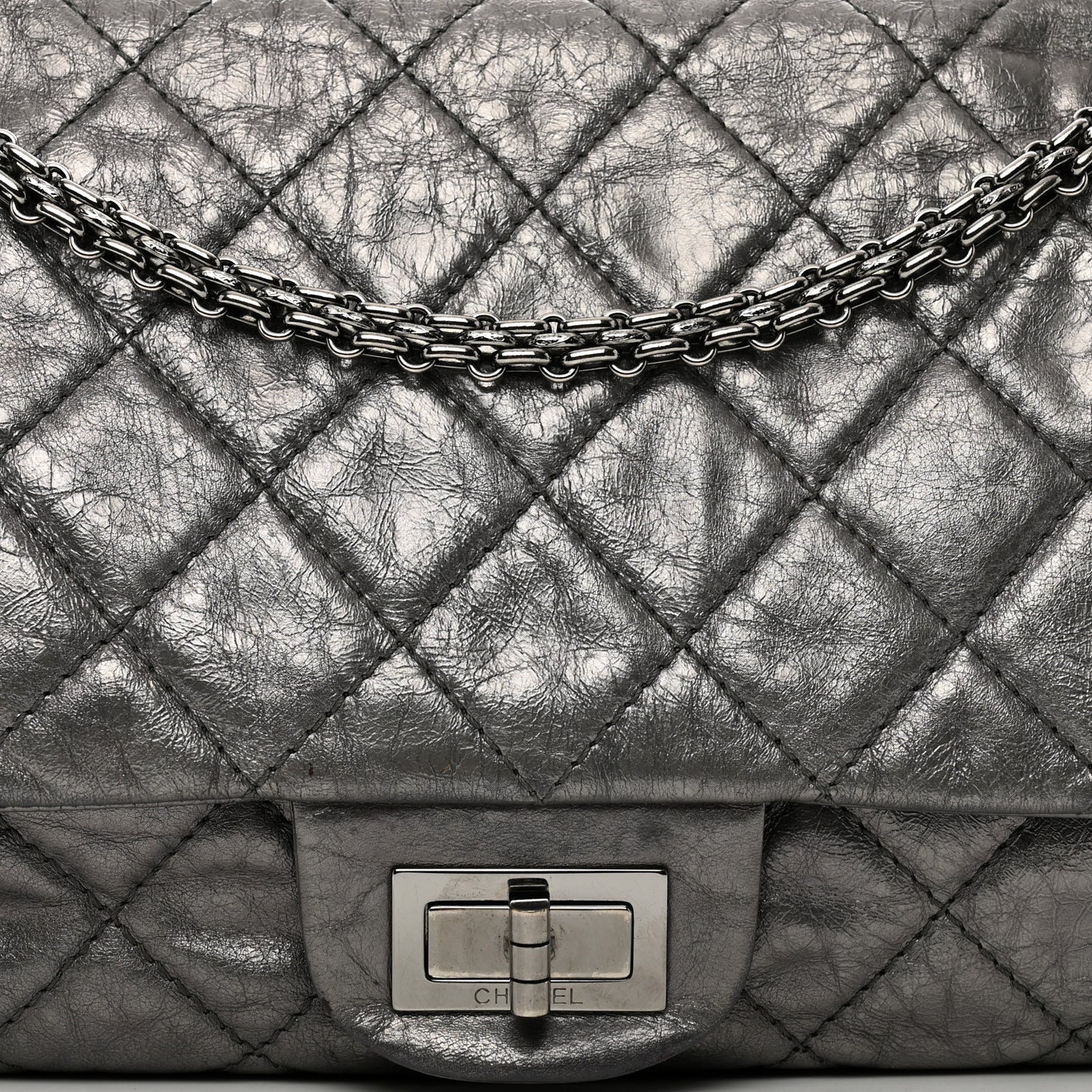 Metallic Aged Calfskin Quilted 2.55 Reissue 227 Flap Dark Silver