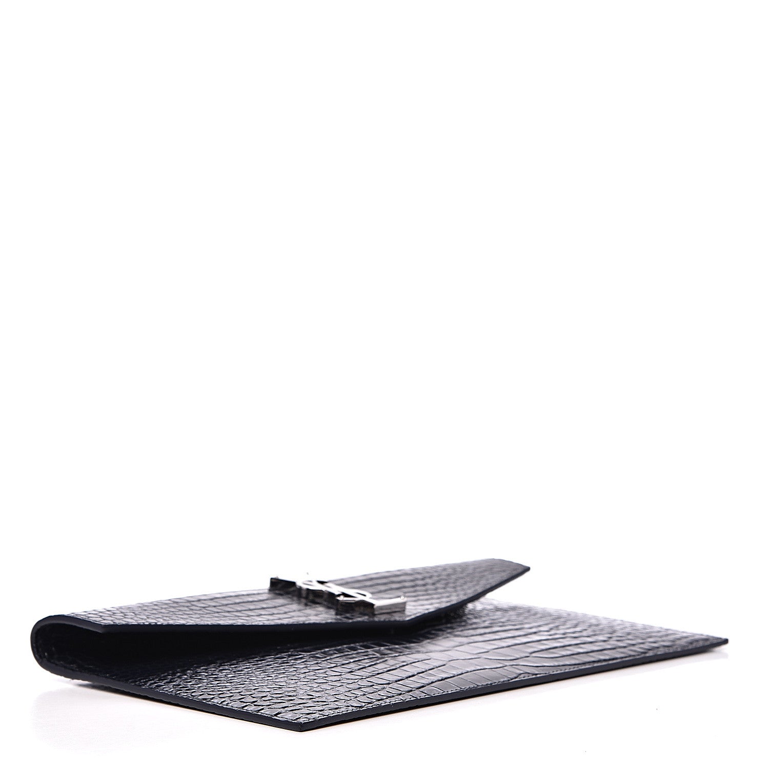 Saint Laurent Calfskin Crocodile Embossed Uptown Monogram Clutch Deep Marine 3 of 6