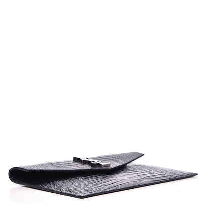 Saint Laurent Calfskin Crocodile Embossed Uptown Monogram Clutch Deep Marine 3 of 6