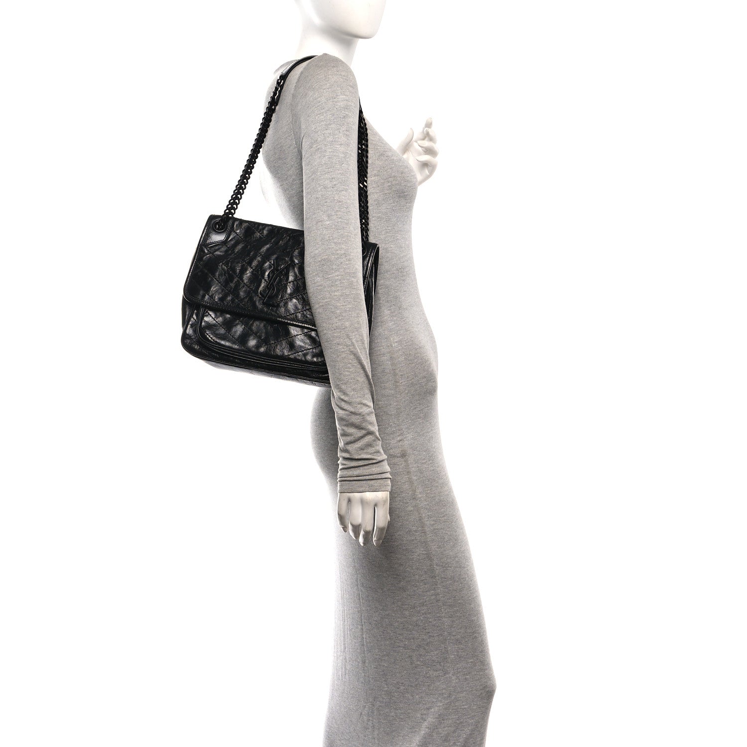 Saint Laurent Crinkled Calfskin Matelasse Monogram Medium Niki Chain Satchel Black 2 of 10