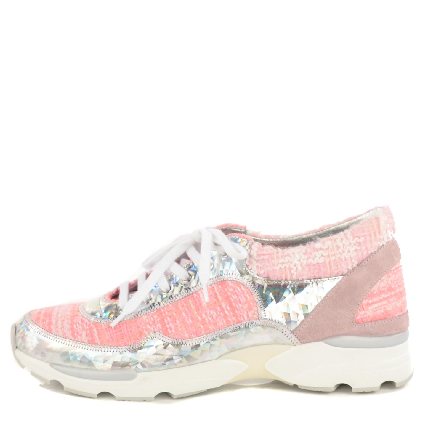 Tweed Suede Calfskin Sneakers 40 Silver Pink