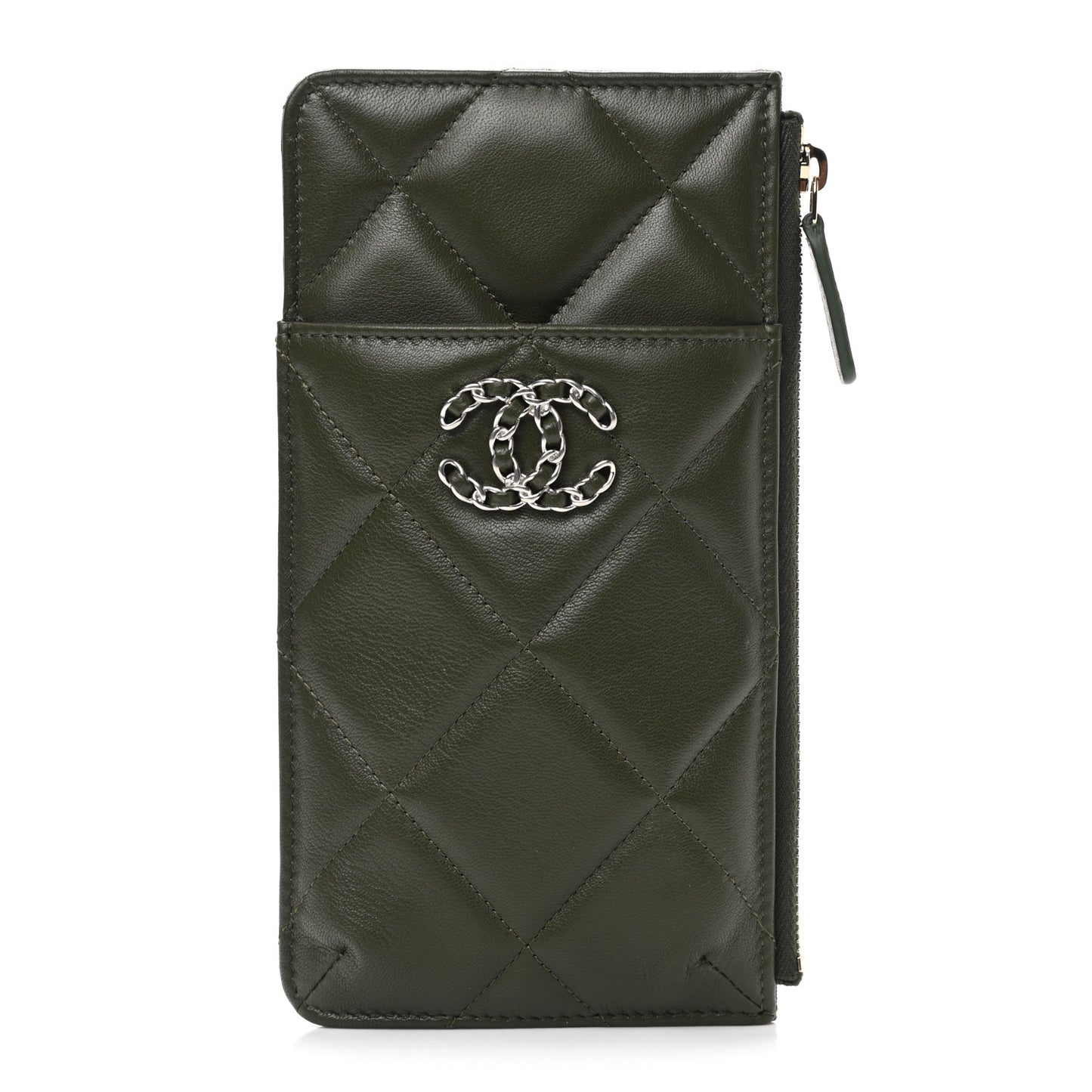 Lambskin Quilted Chanel 19 Phone and Card Holder Khaki