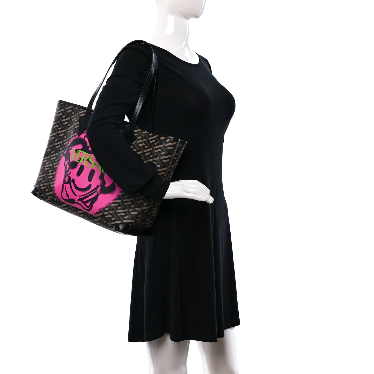 Coated Canvas Calfskin La Greca Smile Signature Shopper Black Khaki