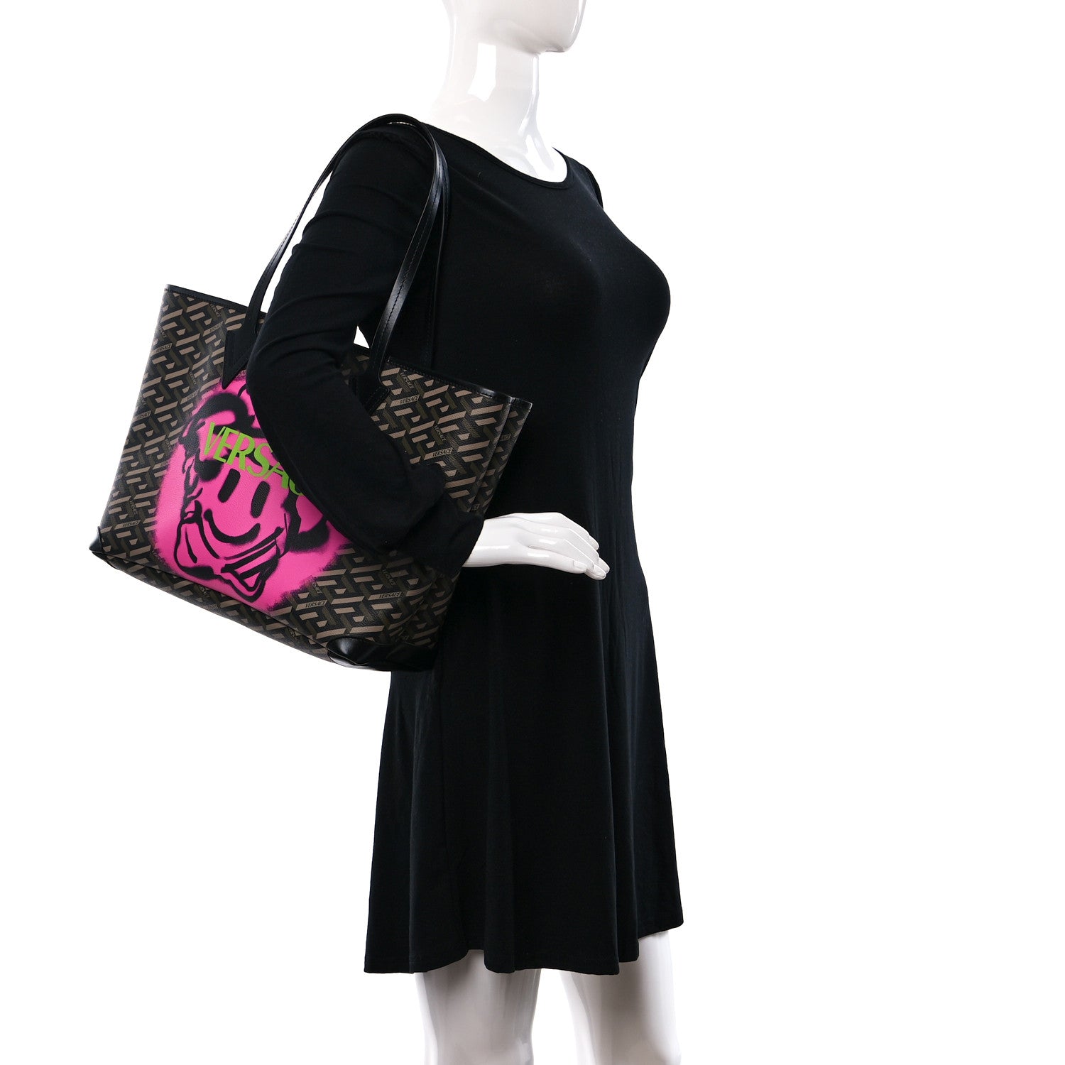 Versace Coated Canvas Calfskin La Greca Smile Signature Shopper Black Khaki 2 of 8