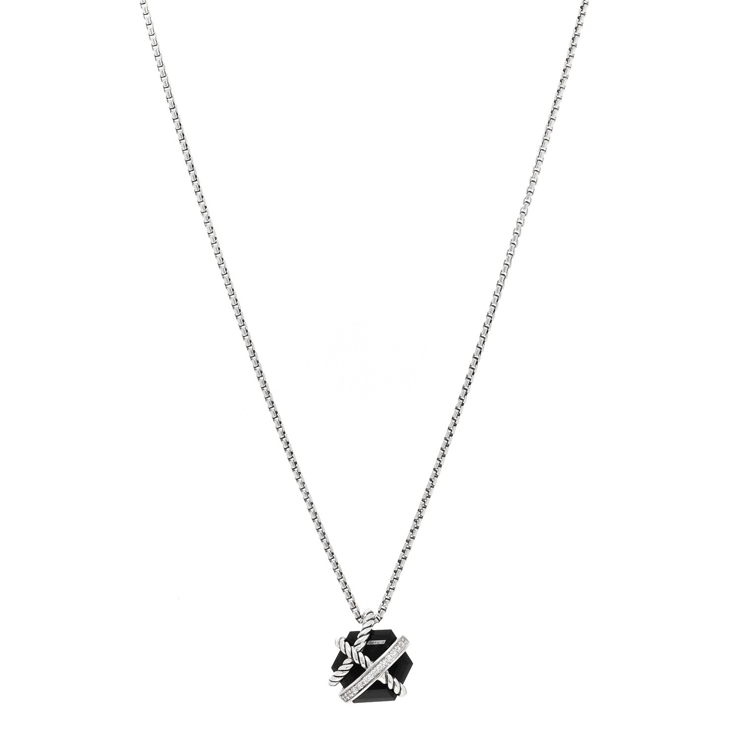 David Yurman Sterling Silver Diamond Black Onyx 10mm Petite Cable Wrap Pendant Necklace 1 of 3