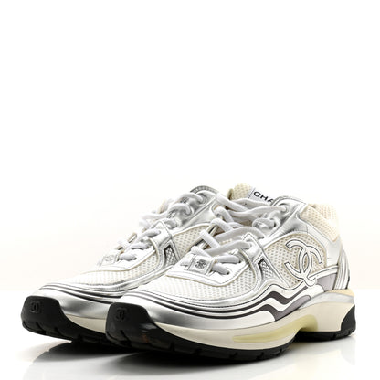 Chanel Fabric Laminated Calfskin Stretch CC Sneakers 40 White Silver 3 of 17