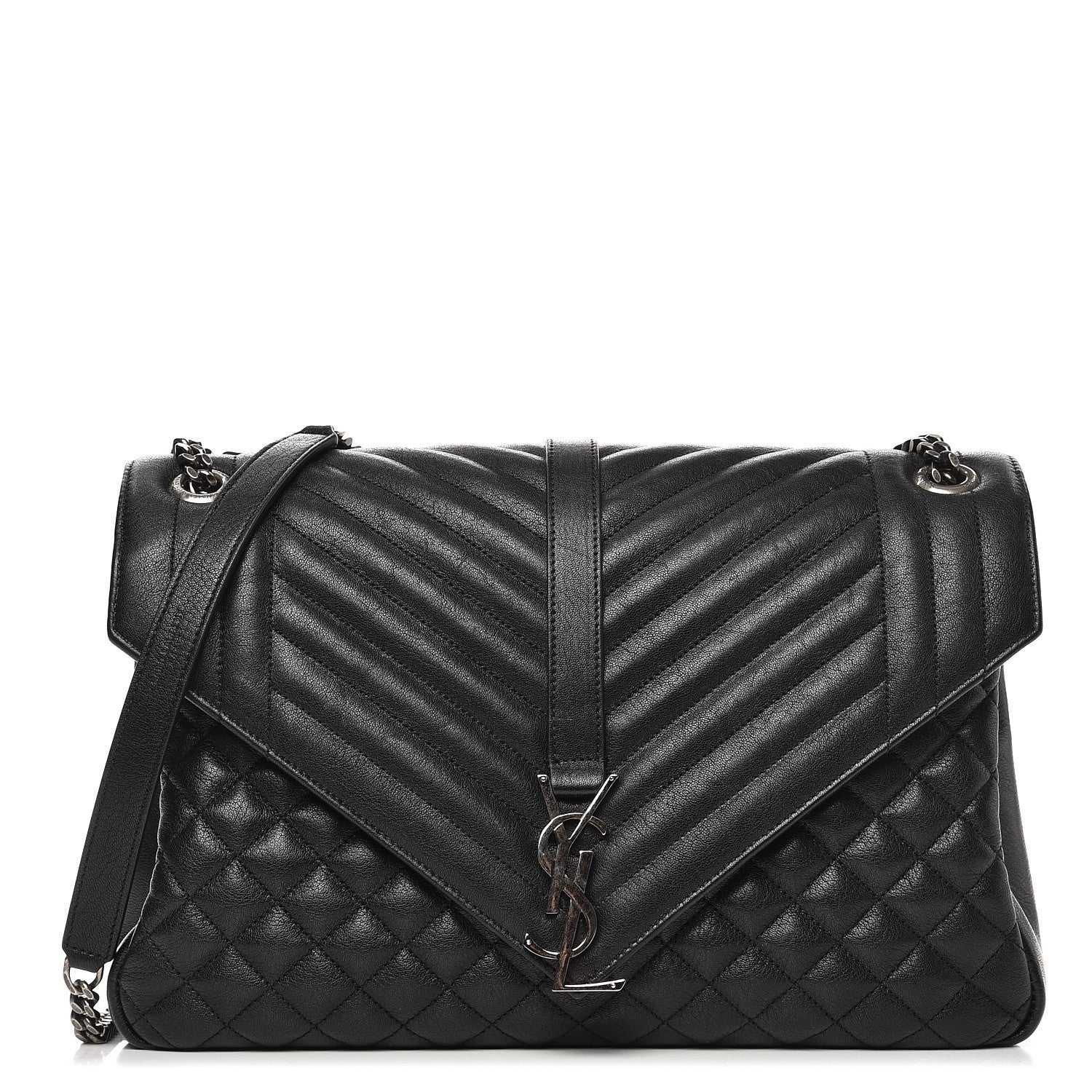 Saint Laurent Calfskin Mixed Matelasse Triquilt Large Monogram Satchel Black 1 of 8