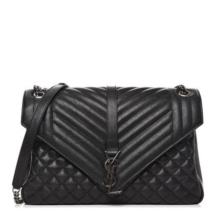 Saint Laurent Calfskin Mixed Matelasse Triquilt Large Monogram Satchel Black 1 of 8