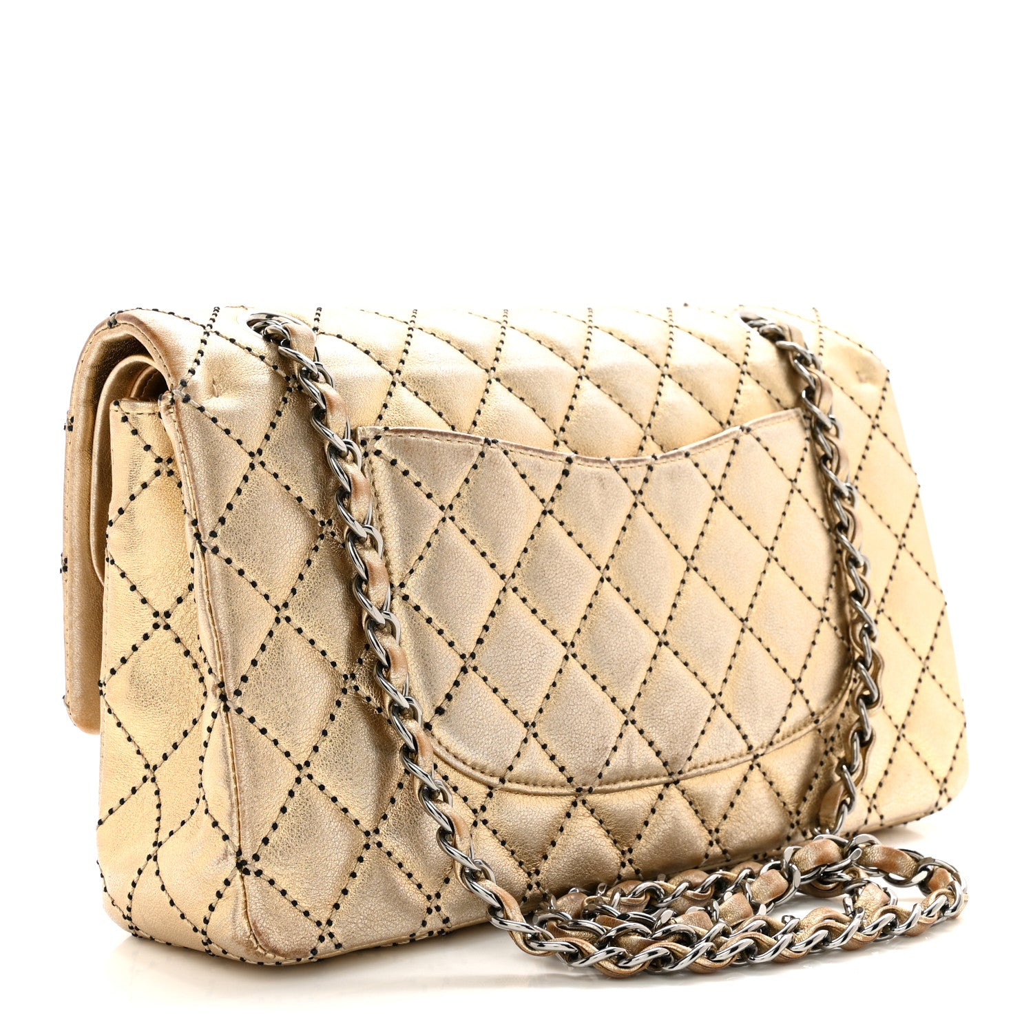 Chanel Metallic Washed Lambskin Quilted Medium Double Flap Dark Gold Black 3 of 17