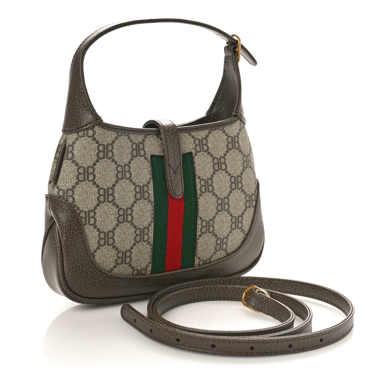 X BALENCIAGA BB Supreme Monogram Calfskin Web Mini Jackie 1961 Hobo Beige Ebony