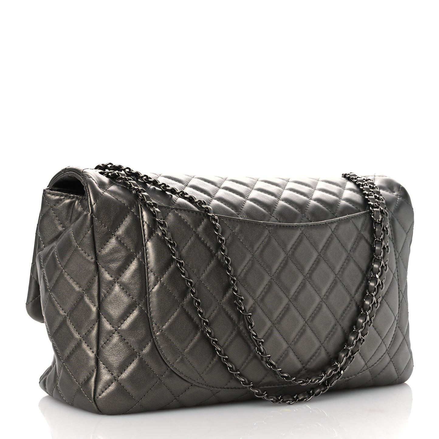 Metallic Lambskin Quilted XXL Travel Flap Bag  Dark Grey