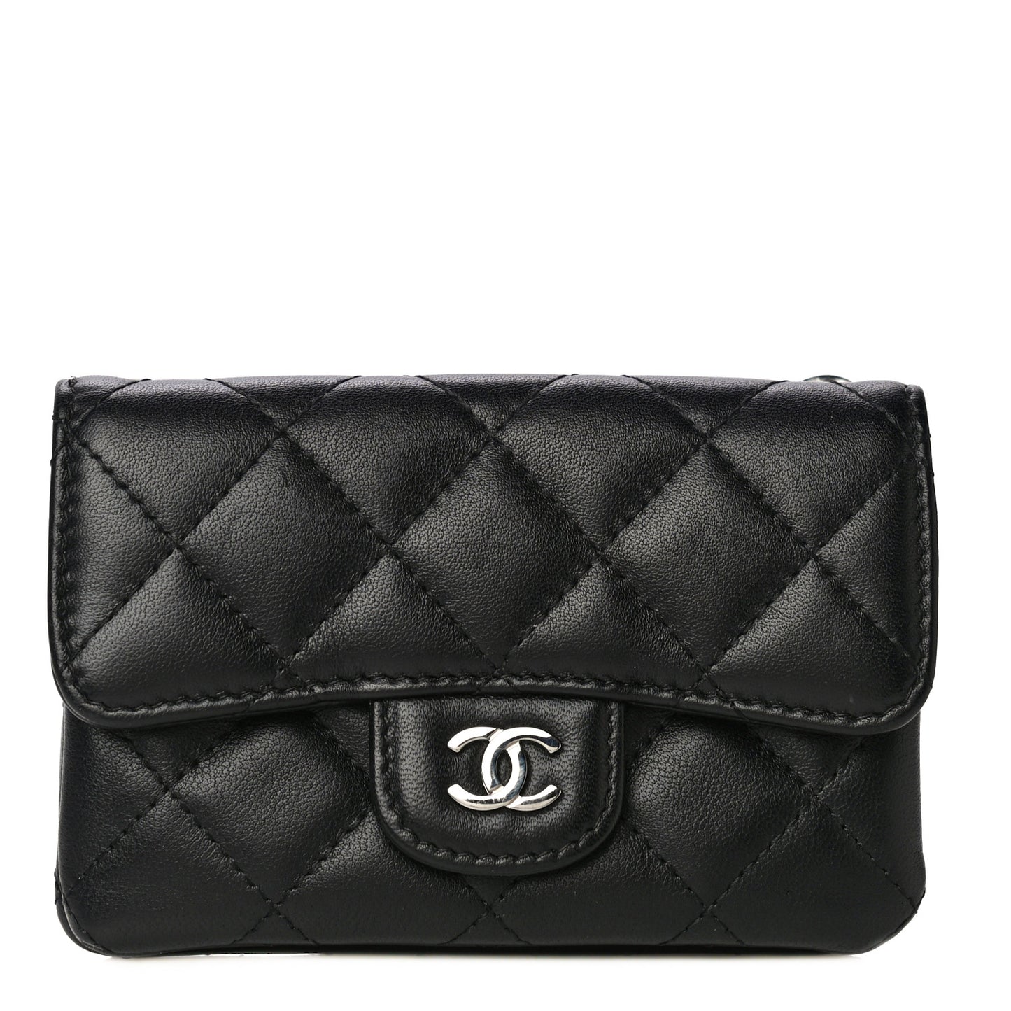 Lambskin Quilted Zip Card Holder Black