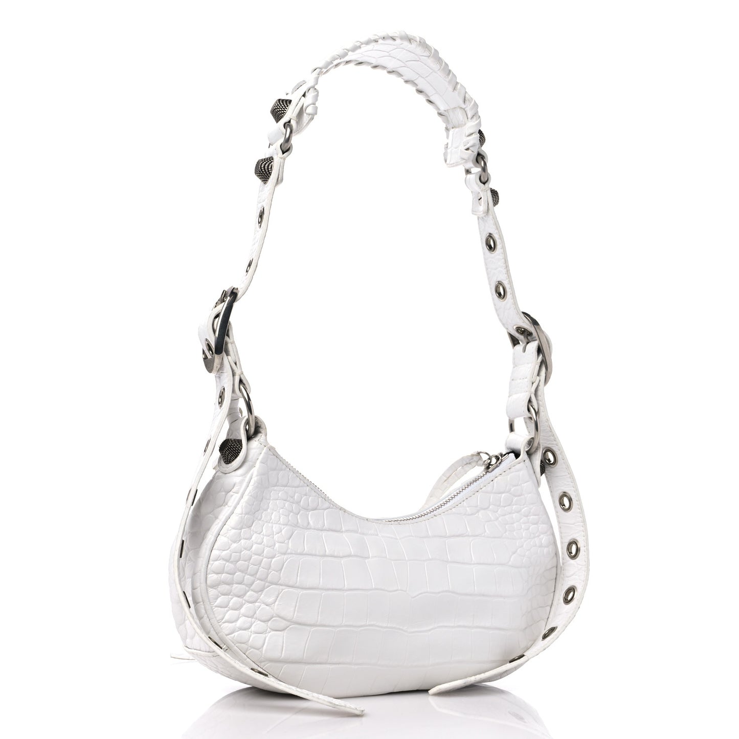 Extra Supple Calfskin Crocodile Embossed Le Cagole Shoulder Bag XS Optic White