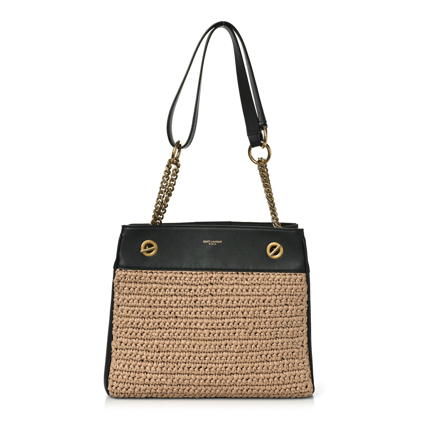 Raffia Calfskin Claude Shopping Tote Naturel Dark Chocolate