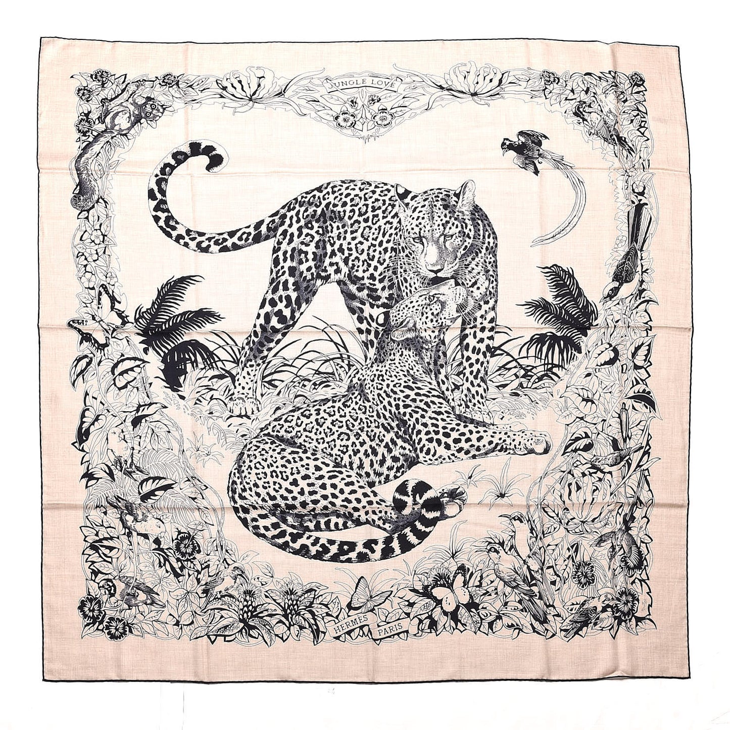 Cashmere Silk Jungle Love Tattoo Shawl 140 Natural Bleu Black