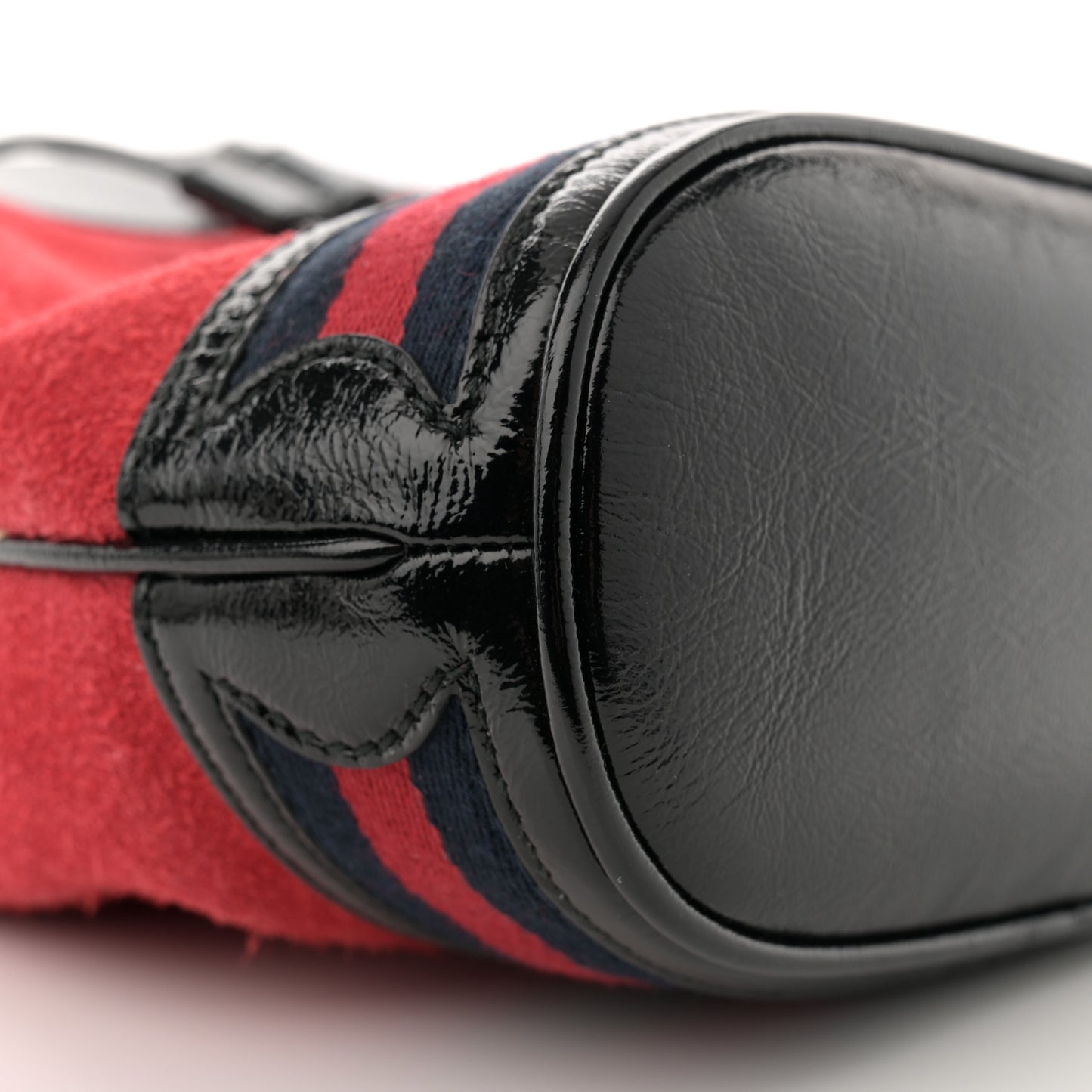 Suede Patent Web Small Ophidia Bucket Bag Hibiscus Red Black