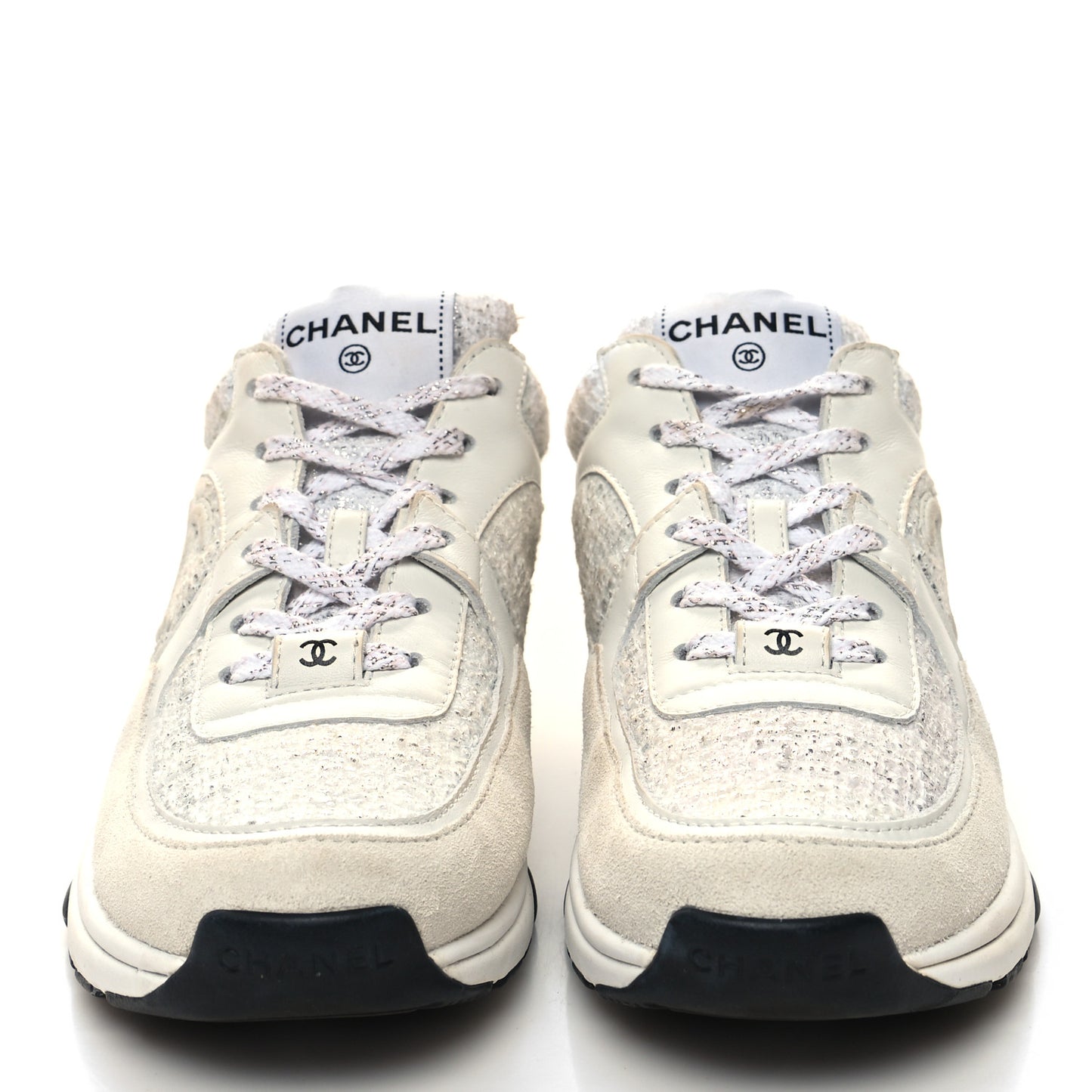 Painted Iridescent Cotton Tweed Suede Calfskin Womens CC Sneakers 37.5 White Silver Multicolor