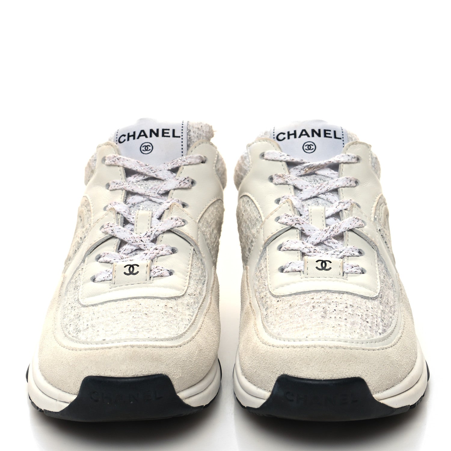 Chanel Painted Iridescent Cotton Tweed Suede Calfskin Womens CC Sneakers 37.5 White Silver Multicolor 2 of 8
