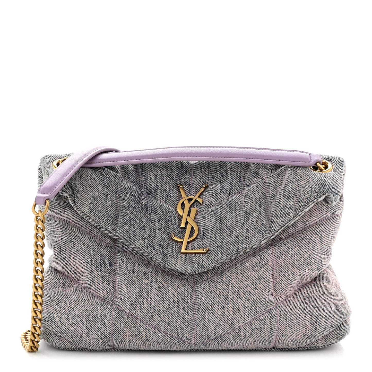 Denim Quilted Small Loulou Puffer Monogram Chain Satchel Bleached Lilac