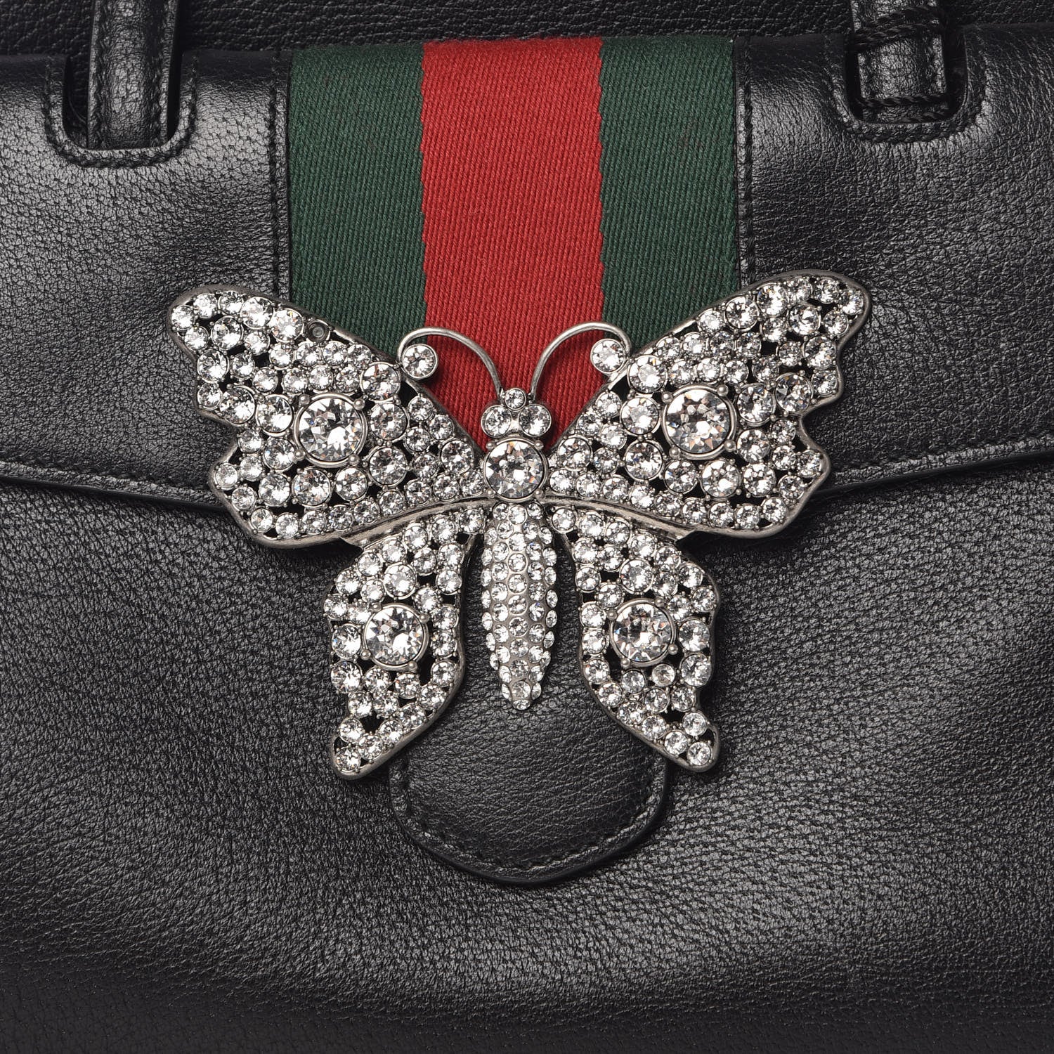 Gucci Grained Calfskin Web Crystal Butterfly Stripe Medium Totem Top Handle Bag Black 10 of 12