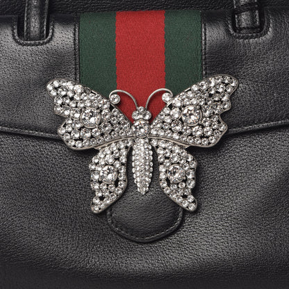 Gucci Grained Calfskin Web Crystal Butterfly Stripe Medium Totem Top Handle Bag Black 10 of 12