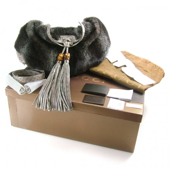 Gucci Mink Fur Ostrich Large INDY Hobo Grey 5 of 12