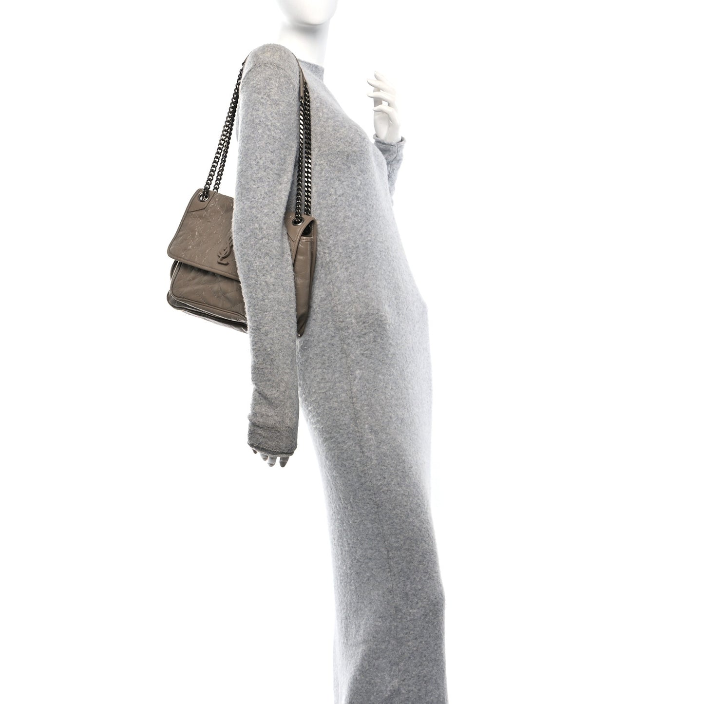 Crinkled Calfskin Matelasse Monogram Medium Niki Chain Satchel Dusty Grey