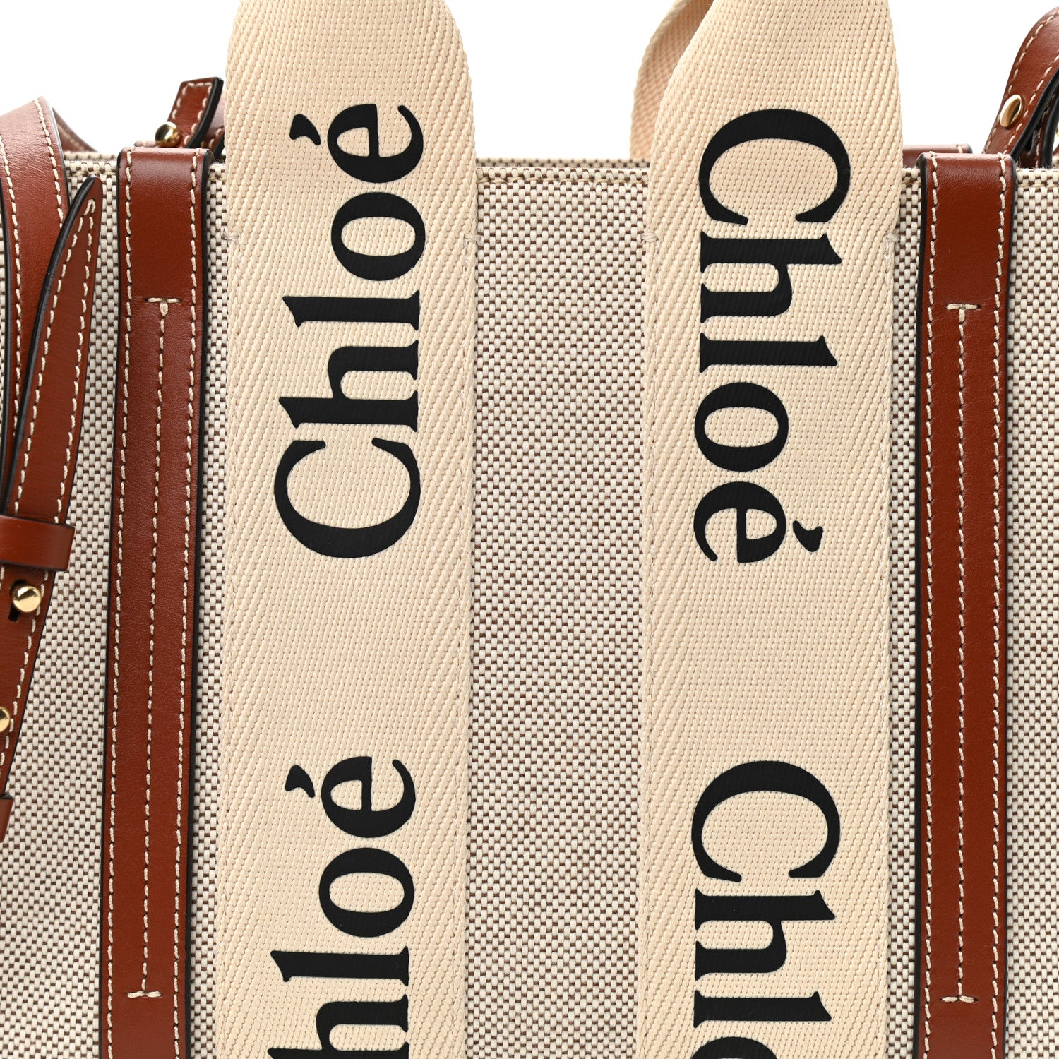 Chloe Cotton Calfskin Small Woody Ribbon Tote With Strap White Brown 8 of 10