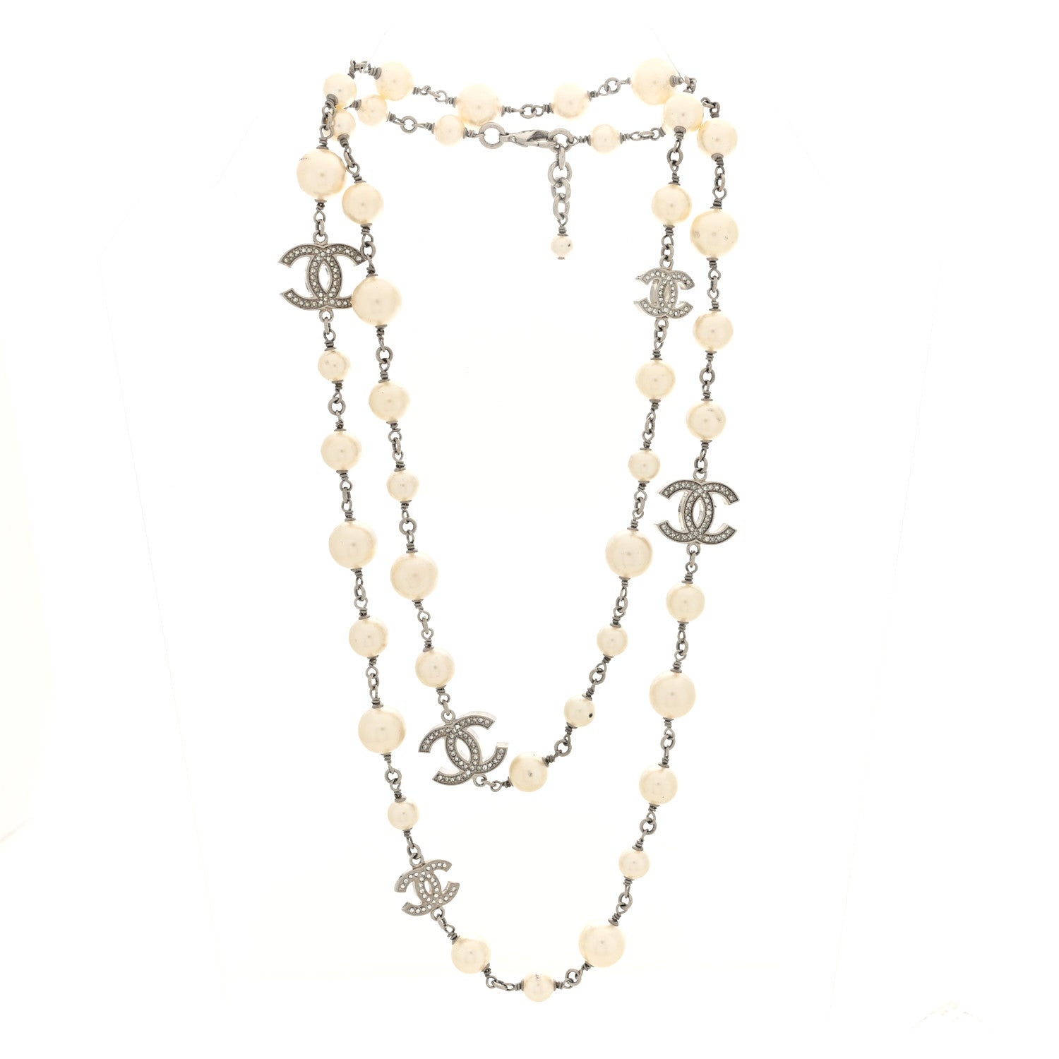 Chanel Graduated Pearl Crystal CC Long Necklace Silver 1 of 4