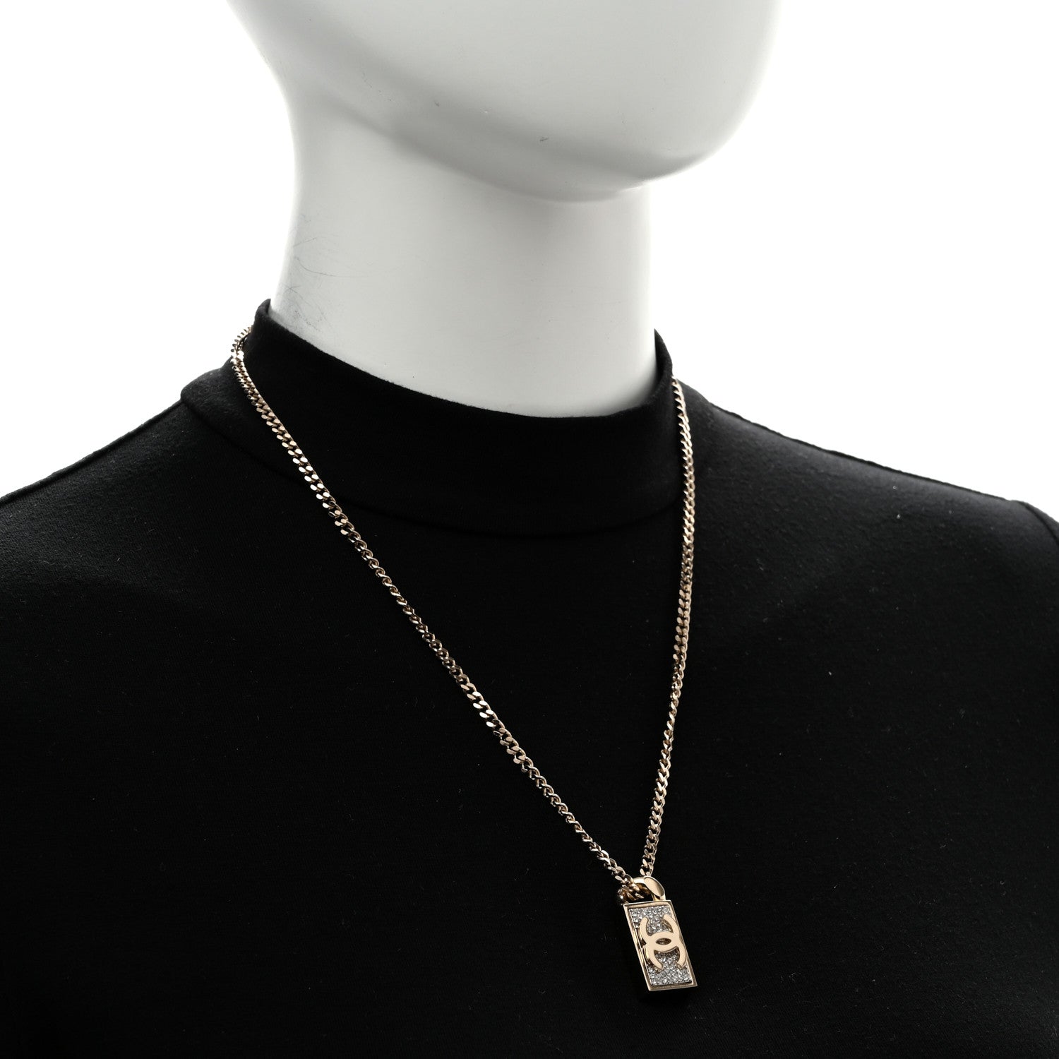 Chanel Crystal Dog Tag Charm Necklace Gold 2 of 6