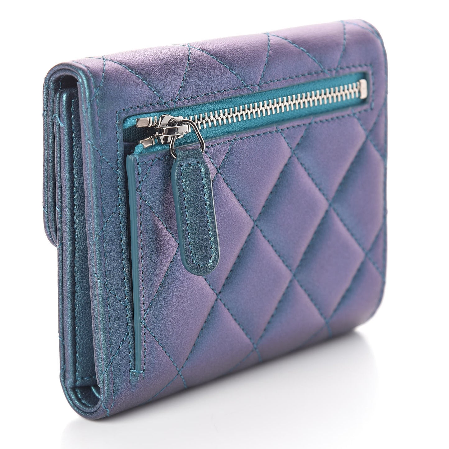 Iridescent Lambskin Quilted Small Compact Wallet Turquoise