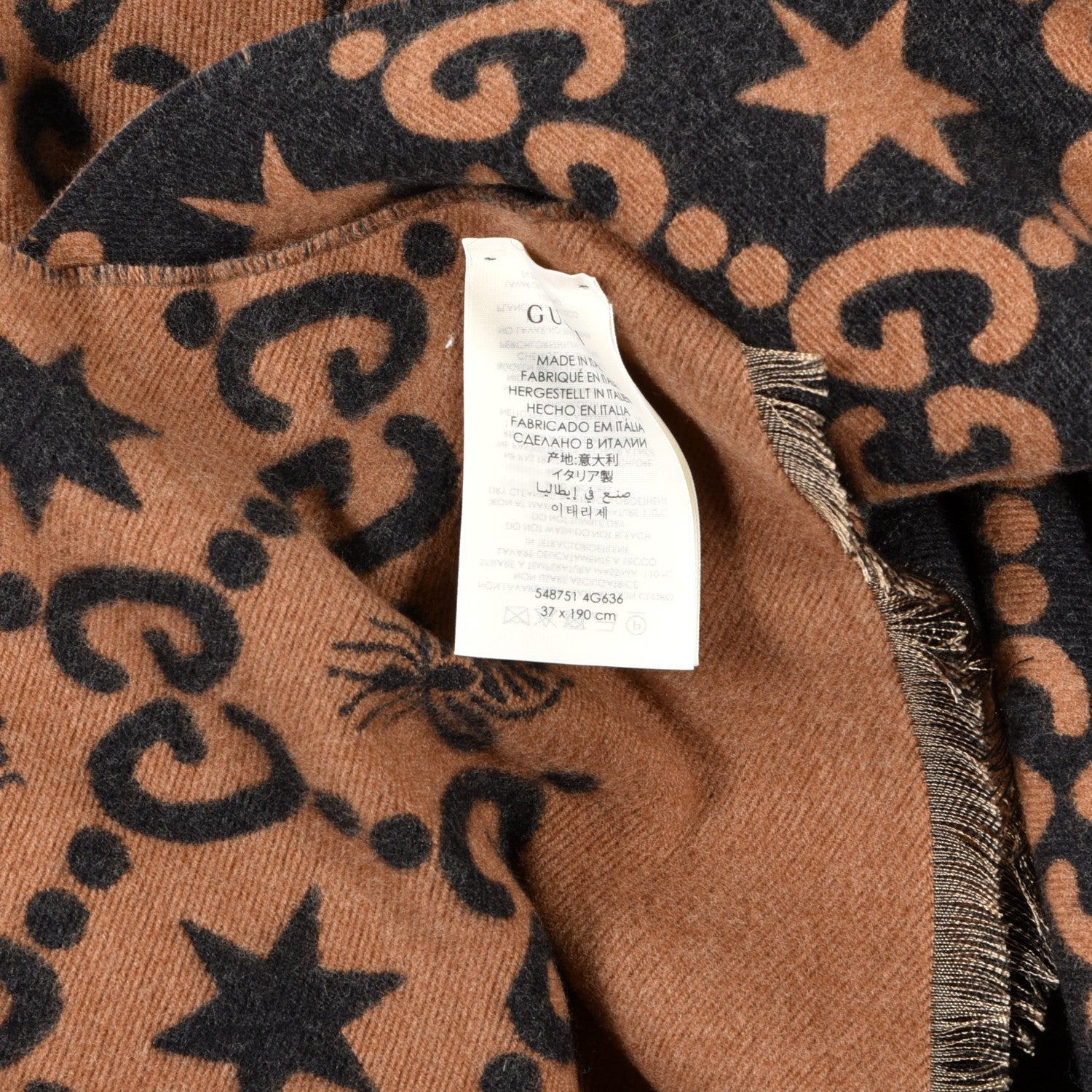 Gucci Wool Silk GG Monogram Fly Constellation Scarf Brown Black 4 of 4
