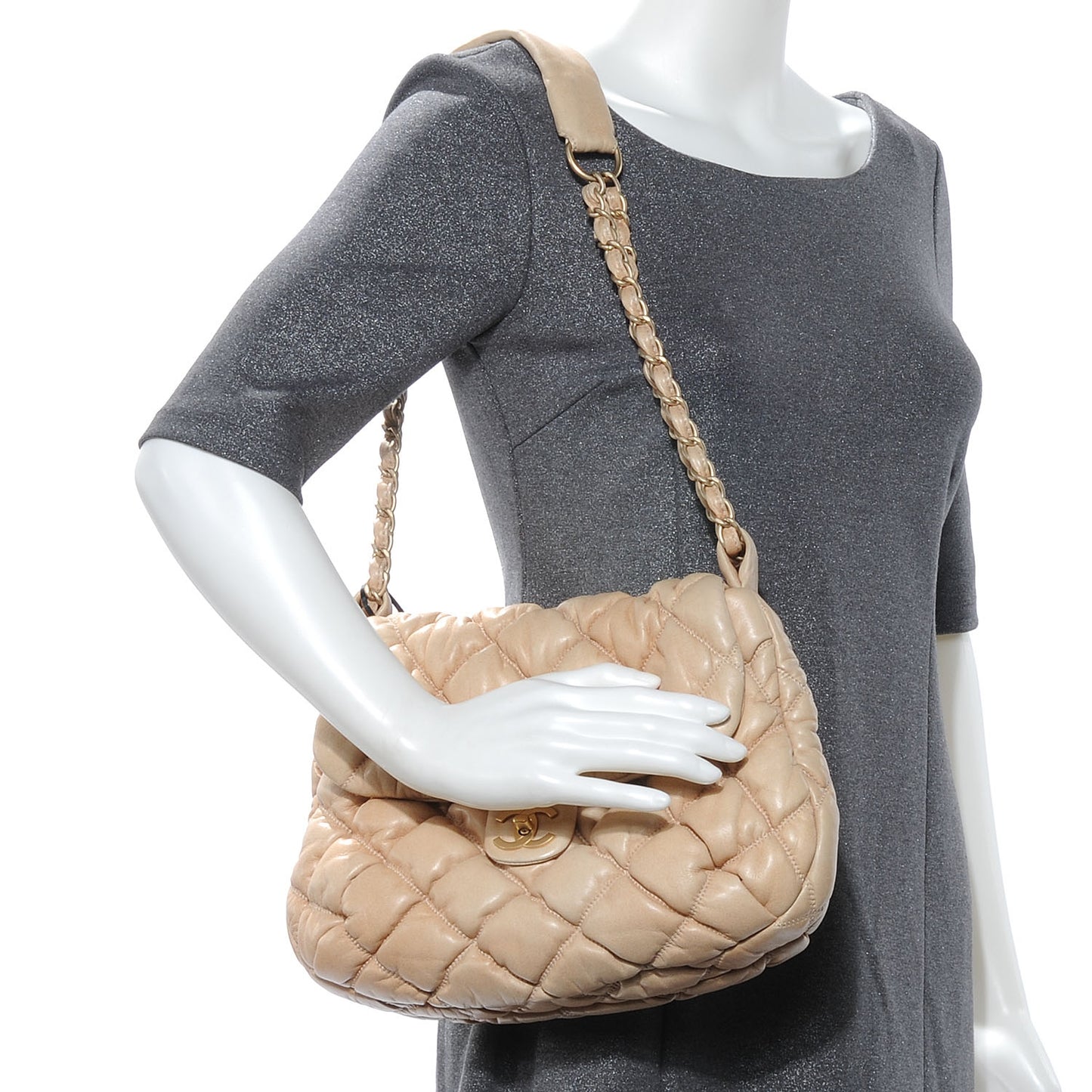 Leather Small Mini Bubble Quilt Flap Beige