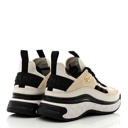 Chanel Fabric Calfskin Suede CC Sneakers 36.5 Ivory Black 4 of 9