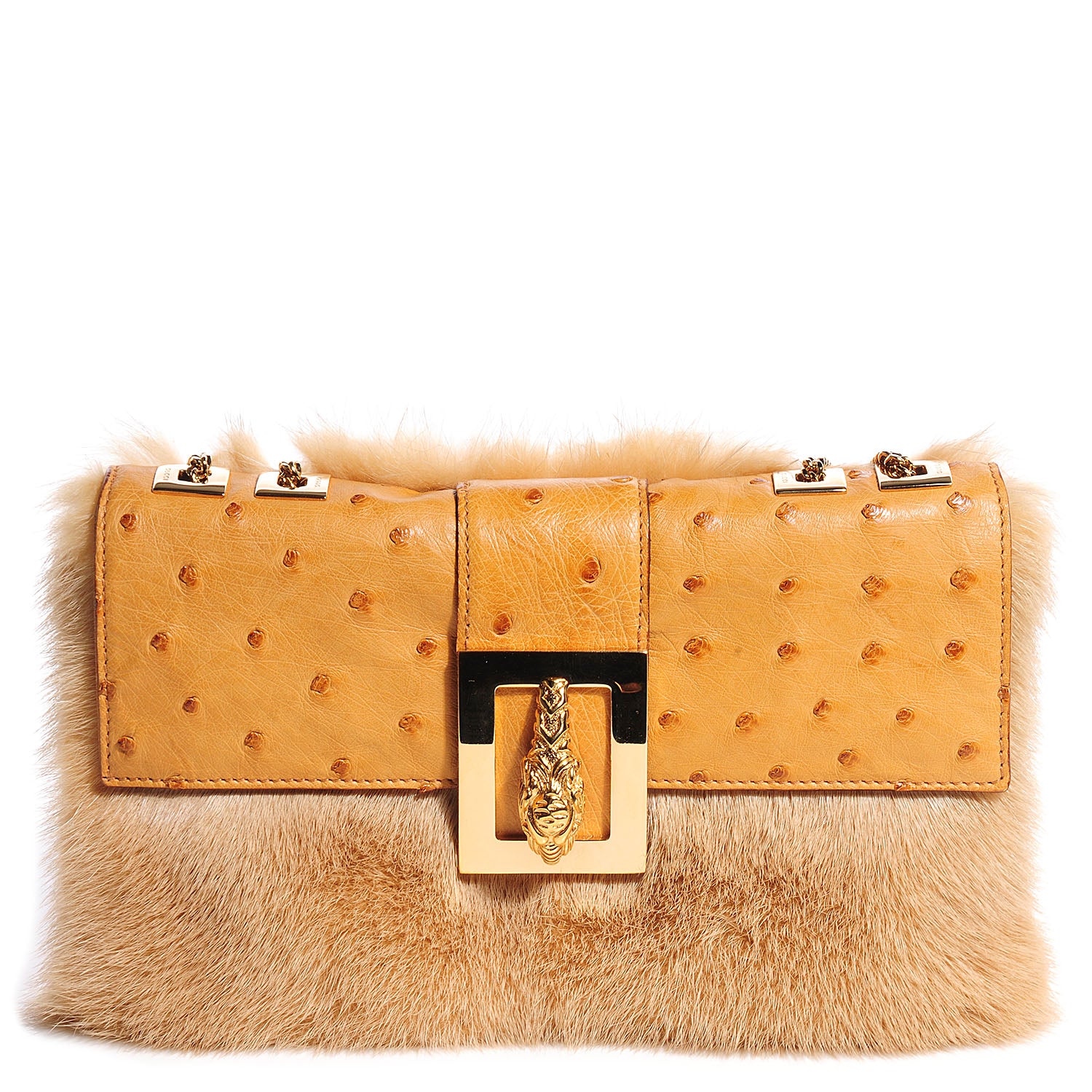 Gucci Mink Ostrich Tiger Head Leather Flap Bag Tan 1 of 9