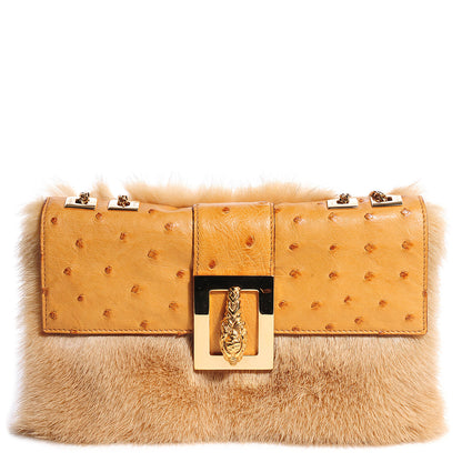 Gucci Mink Ostrich Tiger Head Leather Flap Bag Tan 1 of 9